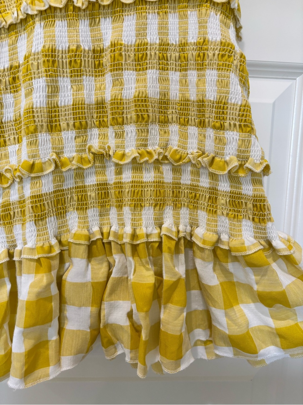Mable Sz M Yellow & White Gingham Dress Smocked Shoulder Bow Ties Ruffles - Picture 4 of 10